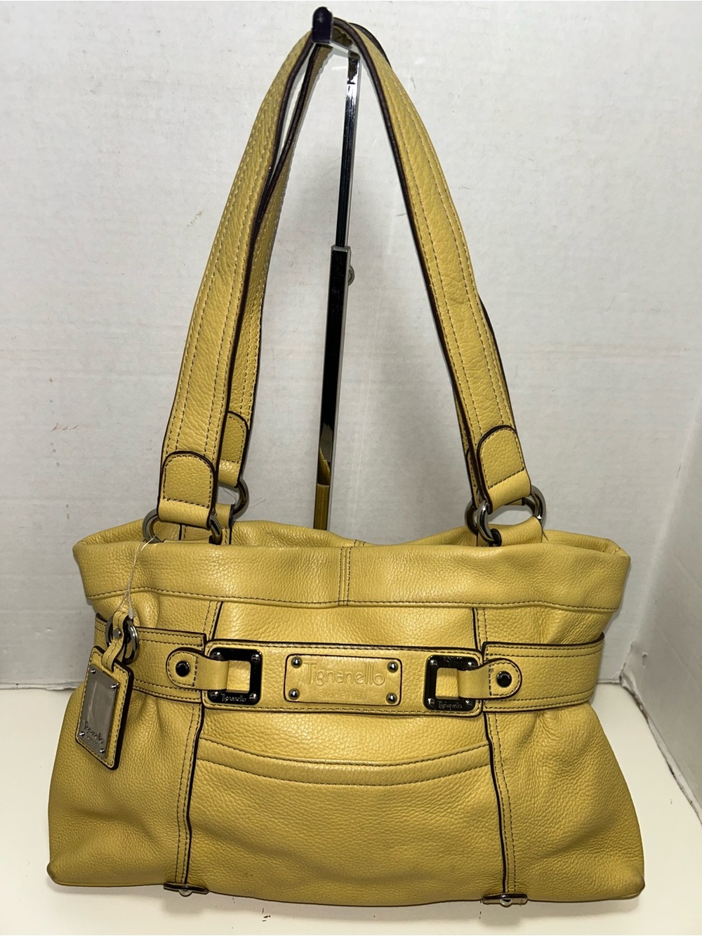 Tignanello Yellow Pebbled Leather Shoulder Bag Silver Hardware